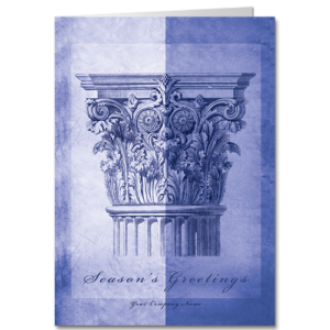 Architecture Christmas Cards Winter Corinthian 4140 An ornate corinthian capital sketched in shades of blue and a holiday greeting in script font.
