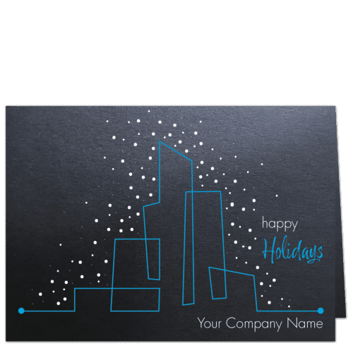 Corporate holiday cards with bright cyan city outline and white dot snowflakes on shimmery black card stock featuring your company name on the front.