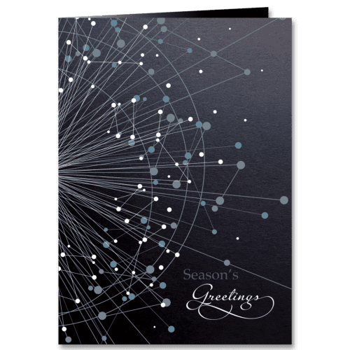 Business Christmas cards depict an abstract star burst image on elegant, shimmery, black onyx card stock.