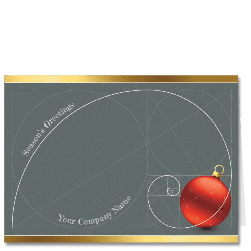 An architect holiday card featuring the Fibonacci spiral on a grey background, red Christmas ornament and your company name on the card front.