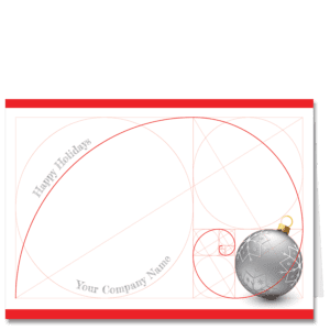An architects holiday card featuring the Fibonacci spiral on a white background with red borders, a silver Christmas ornament and your company name on the card front.