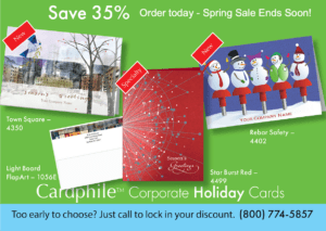 Cardphile business holiday cards spring sale postcard featuring cards with snowmen on rebar, abstract starburst and an architecture sketch