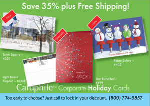 cardphile business holiday cards spring sale postcard featuring cards with snowmen on rebar, abstract starburst and an architecture sketch