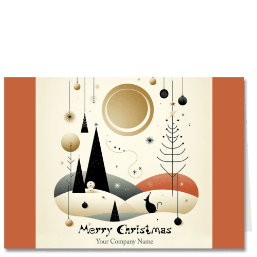 Cardphile Corporate Christmas card in sophisticated shades of forest green, umber and gold tones. It includes design elements reminiscent of the abstract artist Joan Miro including stylized trees and a black cat! It can be customized with your choice of holiday greeting and company or family name on front.