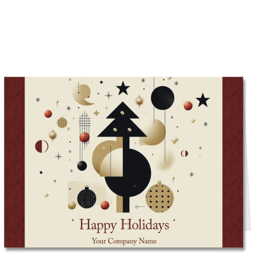 Business holiday cards featuring a modern sophisticated color palette of rich umber, browns and black details in the style of abstract artist Joan Miro. Includes your choice of Happy Holidays or other card front greeting and your company name.
