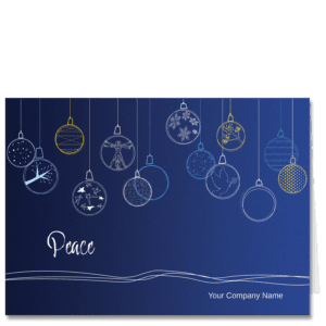 Architect Christmas cards featuring a rich deep indigo blue background and hanging outlined ornaments. Each ornament includes different patterns related to architecture, even including a Vitruvian man. Your choice of holiday greeting and company name are displayed in elegant fonts on this card.