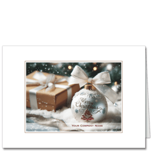Merry Christmas cards include white ornament with Merry Christmas in beautiful scripty font and gift in snowy winter scene