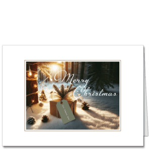 Business Merry Christmas cards featuring and eco friendly wrapped gift in a snowy winter scene and your company name on the gift tag.