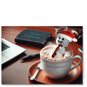 Merry Christmas cards for business featuring an executive desk with adorable marshmallow snowman in a cup of cocoa. He is wearing a Santa Hat.