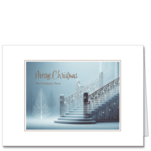 Corporate Christmas cards image of a beautiful art deco staircase, stylized winter trees in the background and your company name on the front.