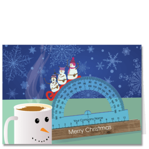 Architect holiday card with three adorable snowmen wearing Canadian style touques sliding off of a protractor into a cup of cocoa - oh no, off we go!