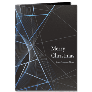 Business Christmas card with abstract arc lines in blue and white ink is printed on our exclusive black onyx shimmery card stock and features your company name and greeting on the front.