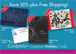 cardphile 30% summer sale postcard featuring 3 business holiday cards