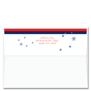 Cardphile's exclusive FlapArt™ self sealing Christmas card envelope design features your return address adorned with a red band and blue stylized snowflakes.