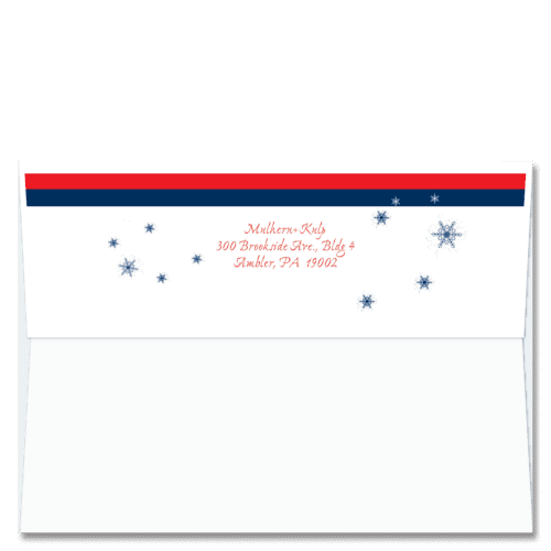 Cardphile's exclusive FlapArt™ self sealing Christmas card envelope design features your return address adorned with a red band and blue stylized snowflakes.