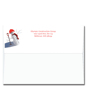 Cardphile's exclusive FlapArt™ self sealing Christmas card envelope design featuring a jaunty snowman wearing a red hard hat and holding a shovel.