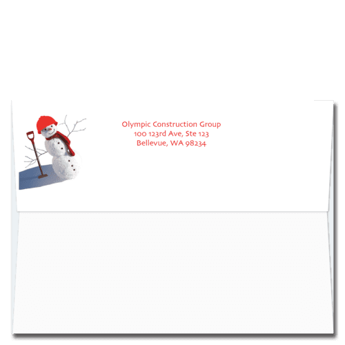 Cardphile's exclusive FlapArt™ self sealing Christmas card envelope design featuring a jaunty snowman wearing a red hard hat and holding a shovel.