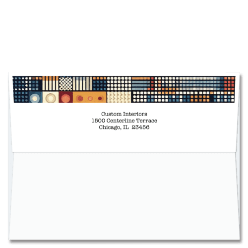 Cardphile's exclusive FlapArt™ self sealing Christmas card envelope design featuring an abstract design in umbers and blues above your return address