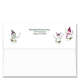 Cardphile's exclusive FlapArt™ self sealing Christmas card envelope design featuring three of our construction style snowmen with jaunty hats on either side of your return address.