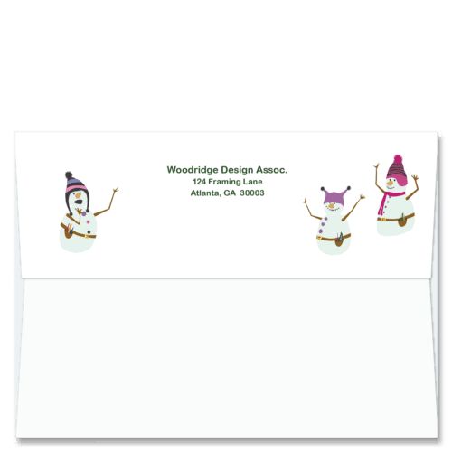 Cardphile's exclusive FlapArt™ self sealing Christmas card envelope design featuring three of our construction style snowmen with jaunty hats on either side of your return address.