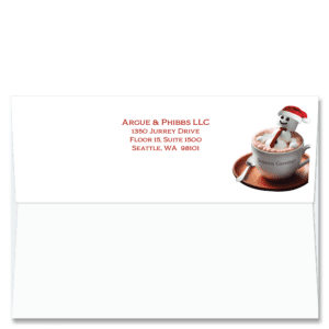 Cardphile's exclusive FlapArt™ self sealing Christmas card envelope design featuring your return address next to a cute marshmallow snowman relaxing in a cup of cocoa.