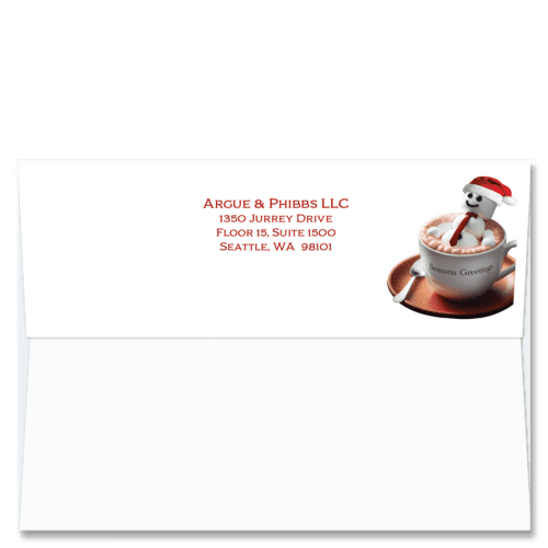 Cardphile's exclusive FlapArt™ self sealing Christmas card envelope design featuring your return address next to a cute marshmallow snowman relaxing in a cup of cocoa.