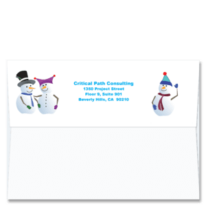 Cardphile's exclusive custom Christmas Card Envelopes FlapArt™ style with a design featuring your return address surrounded by three of our jaunty snowmen in special hats.