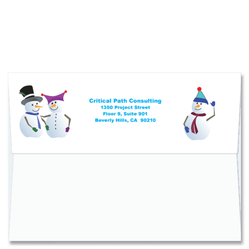 Cardphile's exclusive custom Christmas Card Envelopes FlapArt™ style with a design featuring your return address surrounded by three of our jaunty snowmen in special hats.