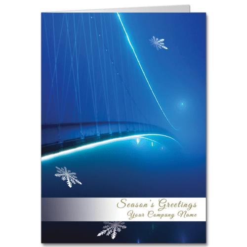 These corporate Christmas cards feature an elegant suspension bridge detail on iridescent. blue background and include your company name on the card front.