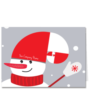 Holiday cards for business with a red and white graphic snowman wearing a fibonacci style cap and red carrot nose. There is space on the cap to personalize with your company name.