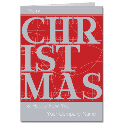 Business christmas cards in red and grey stylized font design that spells out the words Merry Christmas and Happy New Year and features your company name on the front.