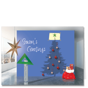 This Architects holiday cards design has a roll of plans featuring your company name with a green drafting triangle on top which together cast a shadow on the wall of a Christmas tree.