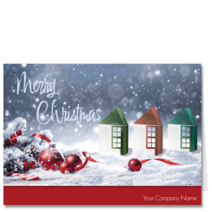 These Architect Christmas Cards show a collection of stylized houses in a snowy winter scened. Your company name can be added to the card front.