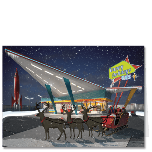 Financial advisor holiday card with a mid century vibe including a gas station sign that says Happy Holidays and your company name on the station marquee. Three reindeer in front pull a sleigh filled with gifts.