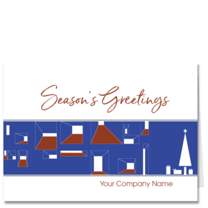 Corporate business holiday cards feature your company name on the card front below a street view of burgundy chiseled windows in the style of Le Courbousier. There is an abstract white christmas tree in the scene.