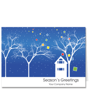 Christmas cards for architects featuring the silhouette of a single family house and 3 white trees on a bright blue sky filled with white dot snowflakes. You company name and choice of holiday greeting on the card front.