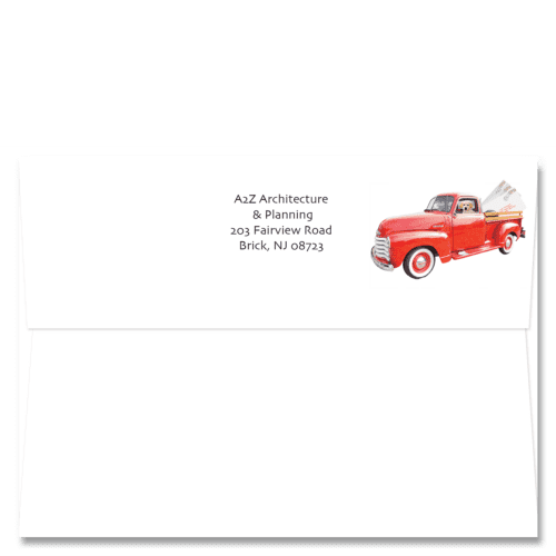 Cardphile's custom FlapArt™ self sealing envelopes with a vintage red truck and doggo printed to the right of your return address.