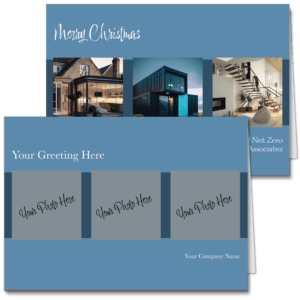 Holiday photo cards with a periwinkle blue border and deeper blue bands to accent three photos. You can upload your own three images and edit the card front greeting and add your company name on the card front.