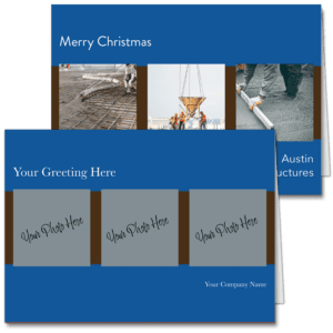 Photo Christmas card for business with a rich blue border and deep rust bands to accent three photos. You can upload your own three images and edit the card front greeting and add your company name on the card front.