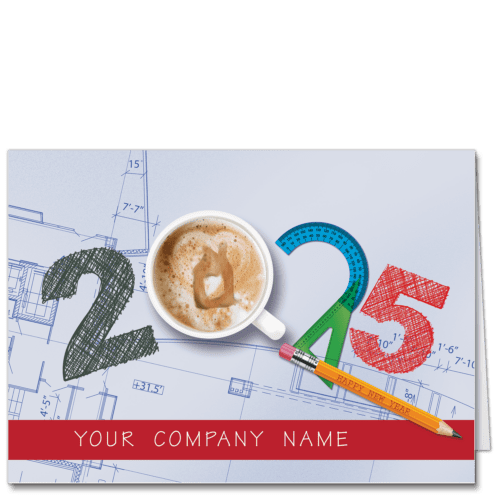 Architect New Year's Cards Image spells out the New Year in architect drafting tools on a blueprint background and features your company name on the front.