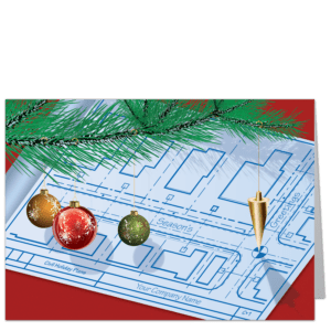 Engineering Christmas Cards with a pine bough and plumb bob hanging over civil engineering blueprints. Featuring your company name in the title block.