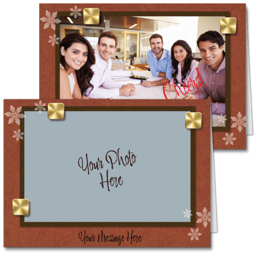 Architects Christmas card photo card frame with bronze rivit and snowflake decoration. Ready for your own team photo and company name or message on the front.