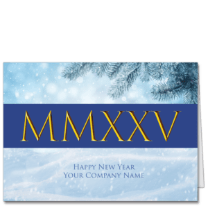 Corporate New Year Cards With Roman Numerals for 2024 on band in front of snowy scene with fir bough and featuring your company name on the front.