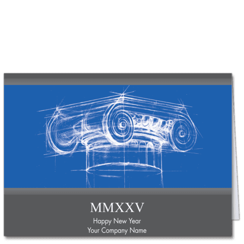 Architecture Holiday Card New Year Sketch With a Blueprint Style Sketch of Column Capital on and Roman Numeral Date 2025 featuring your company name on the card front