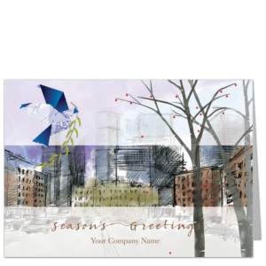 An architectural sketch of a city square with an origami dove and trees featuring your greeting selection and company name on the card front.