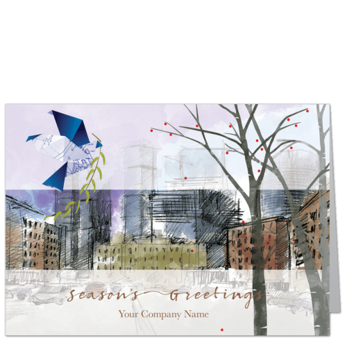 An architectural sketch of a city square with an origami dove and trees featuring your greeting selection and company name on the card front.