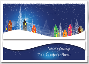 Business Christmas cards feature an abstract village scene with colorful houses against a deep indigo sky with snowflakes. Below the snow field you can select your choice of greeting and feature your company name.