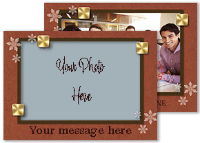 Business photo Christmas cards frame with rich brown border and snowflakes and bronze rivits as decorative elements. Add your own photo and message to the card front.