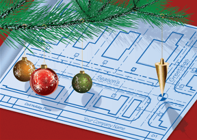 Engineer Christmas cards with an engineering blueprint, golden plumb bob, colorful ornaments and sprig of fir bough. Your company name is printed in the title block of the plans.