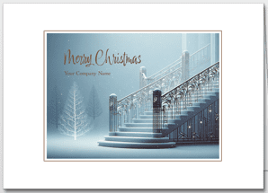 Financial advisor holiday cards with a beautiful art deco staircase and frosty trees in the background. Your choice of greeting and your company name are featured on the card front.